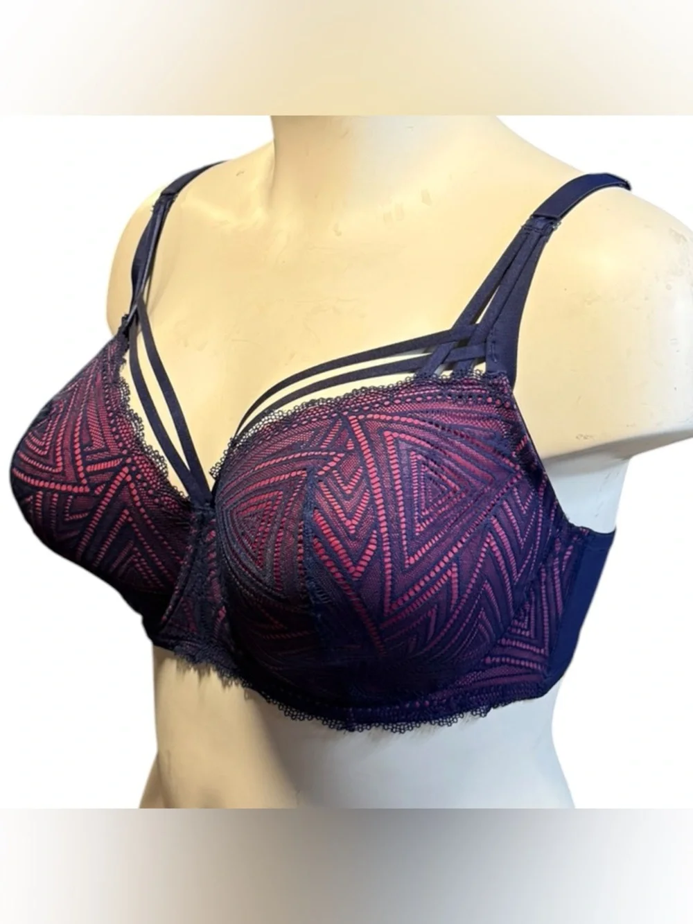 Adore Me 42G Underwire Lace Bra Navy Pink Strappy Plus Size NWT